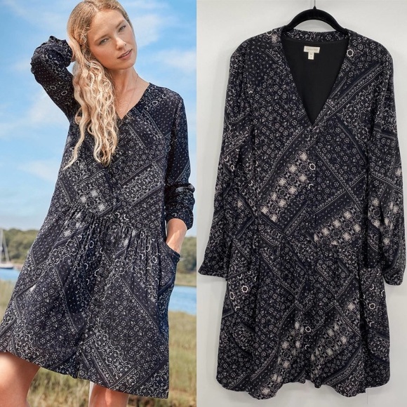 Garnet Hill Boho Patchwork/ Bandana Print Drop Waist Dress w Pockets Sz 16 - Picture 1 of 11